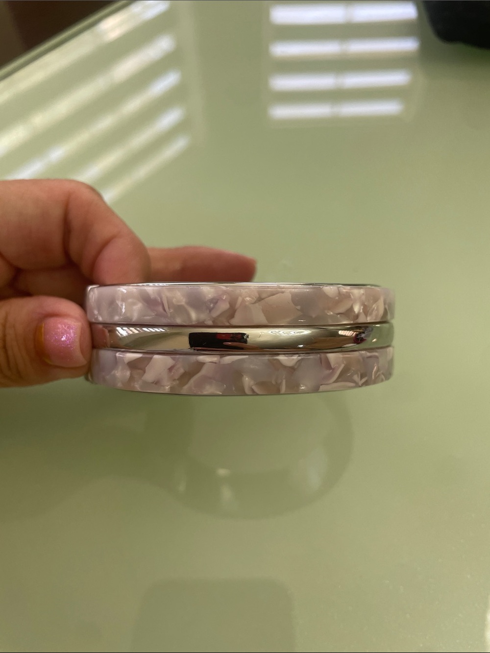 White House Black Market Pearlescent Resin Bangle Bracelet with Silver Accent